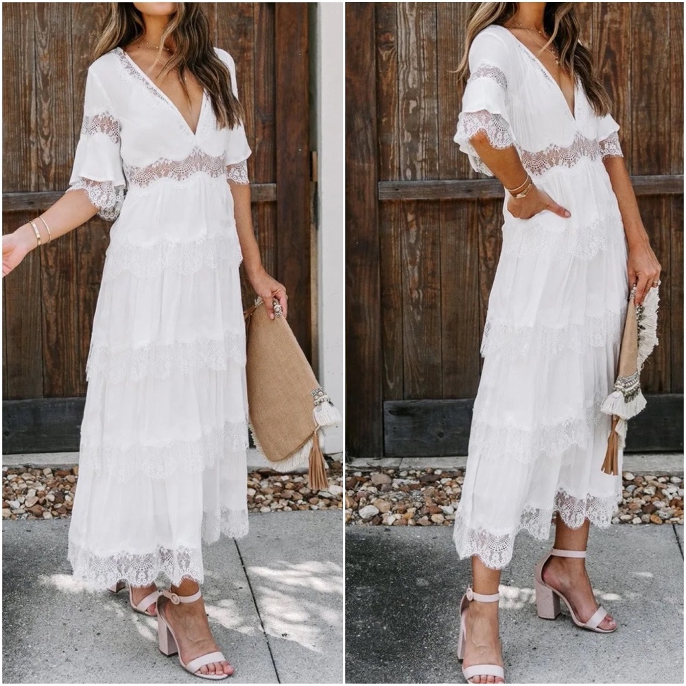 Boho Eyelash Lace Tiered Summer Party Festival Dress - Picture 2 of 4